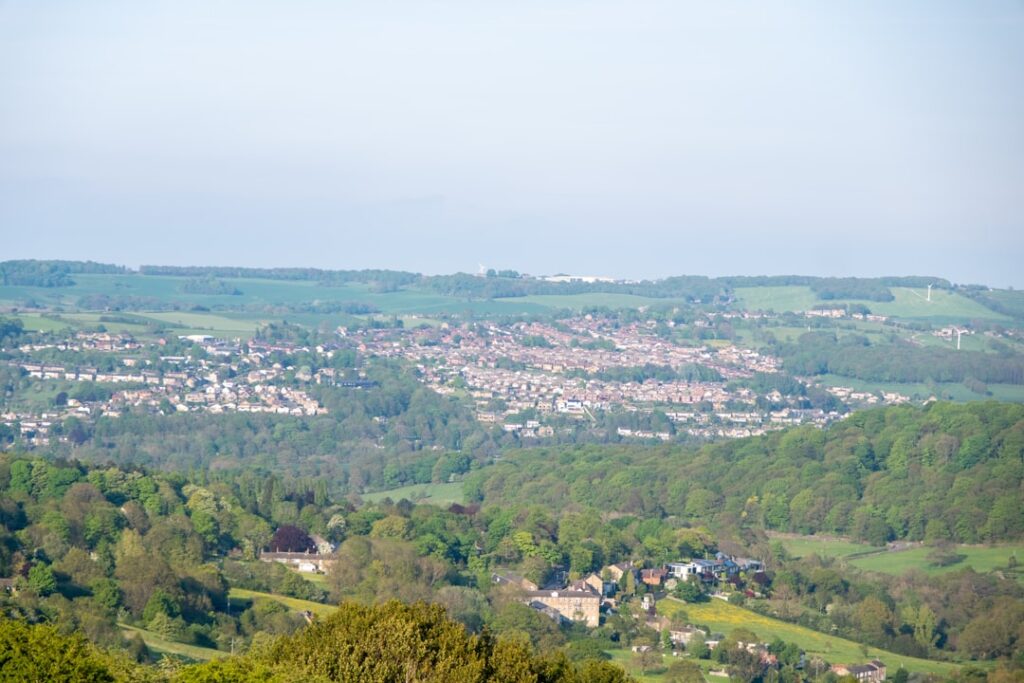 Market town view with castle on hill near Clitheroe