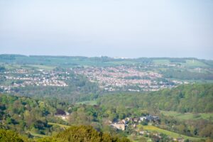 Market town view with castle on hill near Clitheroe